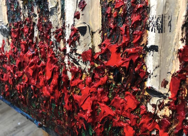 Side-angle close-up of heavy Textures of Life™ impasto — aspen trunks with thick red flowers at the base
