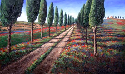 Cypress Sentinels — palette knife painting by Jennifer Vranes